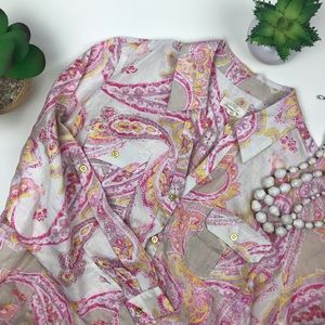 Linen Button Up Shirt 2XL Roll sleeves Paisley